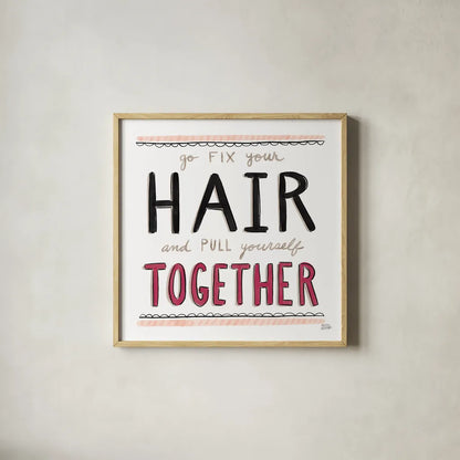 Fix Your Hair Black by Melissa Averinos. Shown in a natural wood glass frame for a timeless modern aesthetic. Available as an archival giclee rolled canvas, fine art paper, or poster print. SKU 61830a.