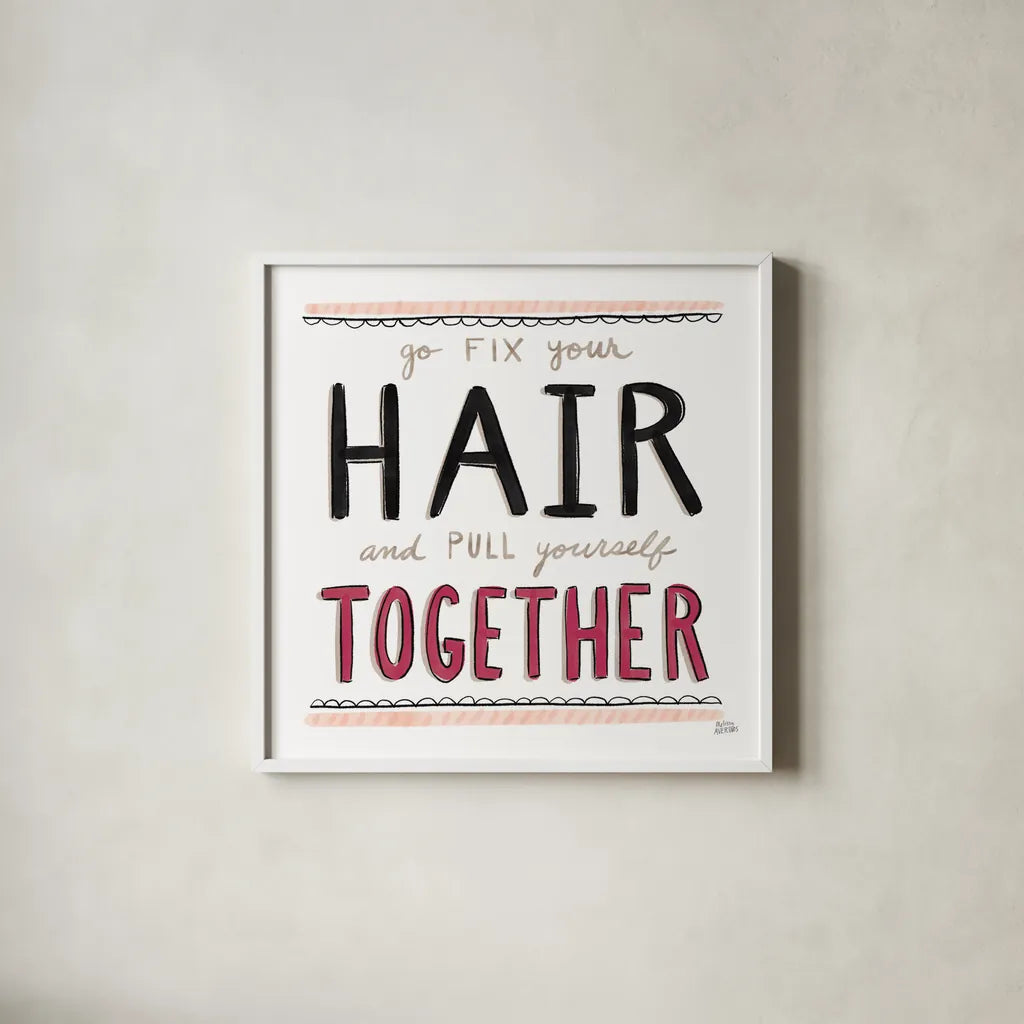 Fix Your Hair Black by Melissa Averinos. Shown in a crisp white glass frame for a clean and minimalist style. Available as an archival giclee rolled canvas, fine art paper, or poster print. SKU 61830a.