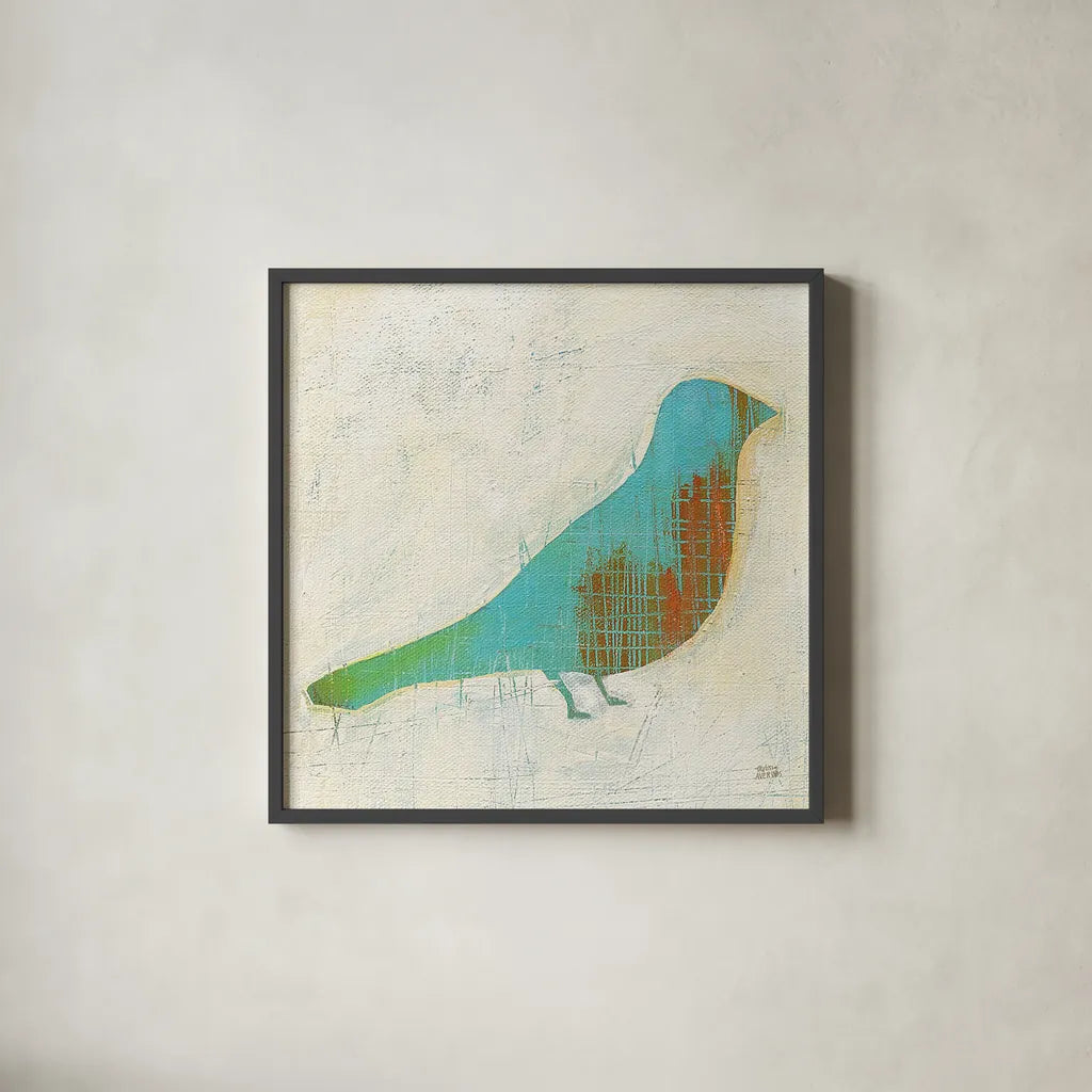 Flight Patterns Bird I by Melissa Averinos. Shown in a sleek black glass frame for a contemporary gallery look. Available as an archival giclee rolled canvas, fine art paper, or poster print. SKU 25940a.