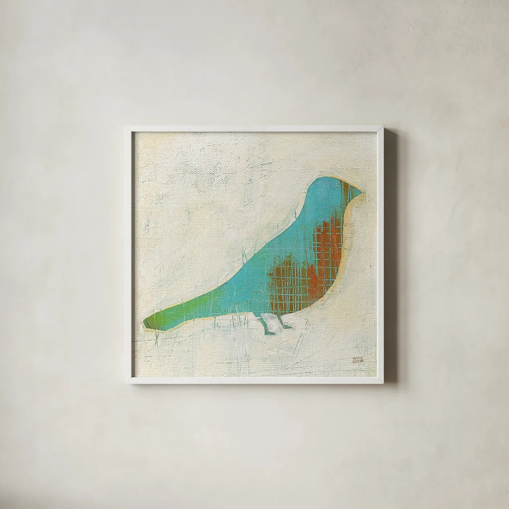 Flight Patterns Bird I by Melissa Averinos. Shown in a crisp white glass frame for a clean and minimalist style. Available as an archival giclee rolled canvas, fine art paper, or poster print. SKU 25940a.