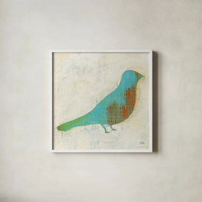 Flight Patterns Bird I by Melissa Averinos. Shown in a crisp white glass frame for a clean and minimalist style. Available as an archival giclee rolled canvas, fine art paper, or poster print. SKU 25940a.