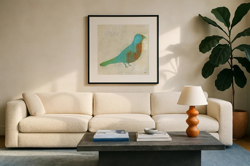 Flight Patterns Bird I by Melissa Averinos. Displayed in a glass frame with matte in a clean modern living room. Available as an archival giclee rolled canvas, fine art paper, or poster print. SKU 25940a.