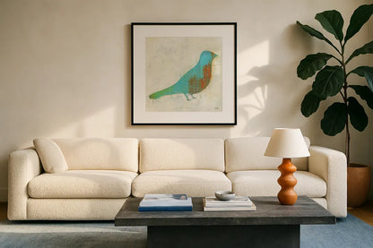 Flight Patterns Bird I by Melissa Averinos. Displayed in a glass frame with matte in a clean modern living room. Available as an archival giclee rolled canvas, fine art paper, or poster print. SKU 25940a.