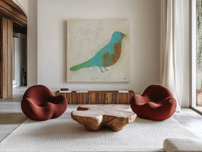 Flight Patterns Bird I by Melissa Averinos. Shown as extra-large giant wall art in a modern living room. Available as an archival giclee rolled canvas, fine art paper, or poster print. SKU 25940a.