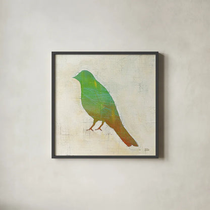 Flight Patterns Bird II by Melissa Averinos. Shown in a sleek black glass frame for a contemporary gallery look. Available as an archival giclee rolled canvas, fine art paper, or poster print. SKU 25941a.