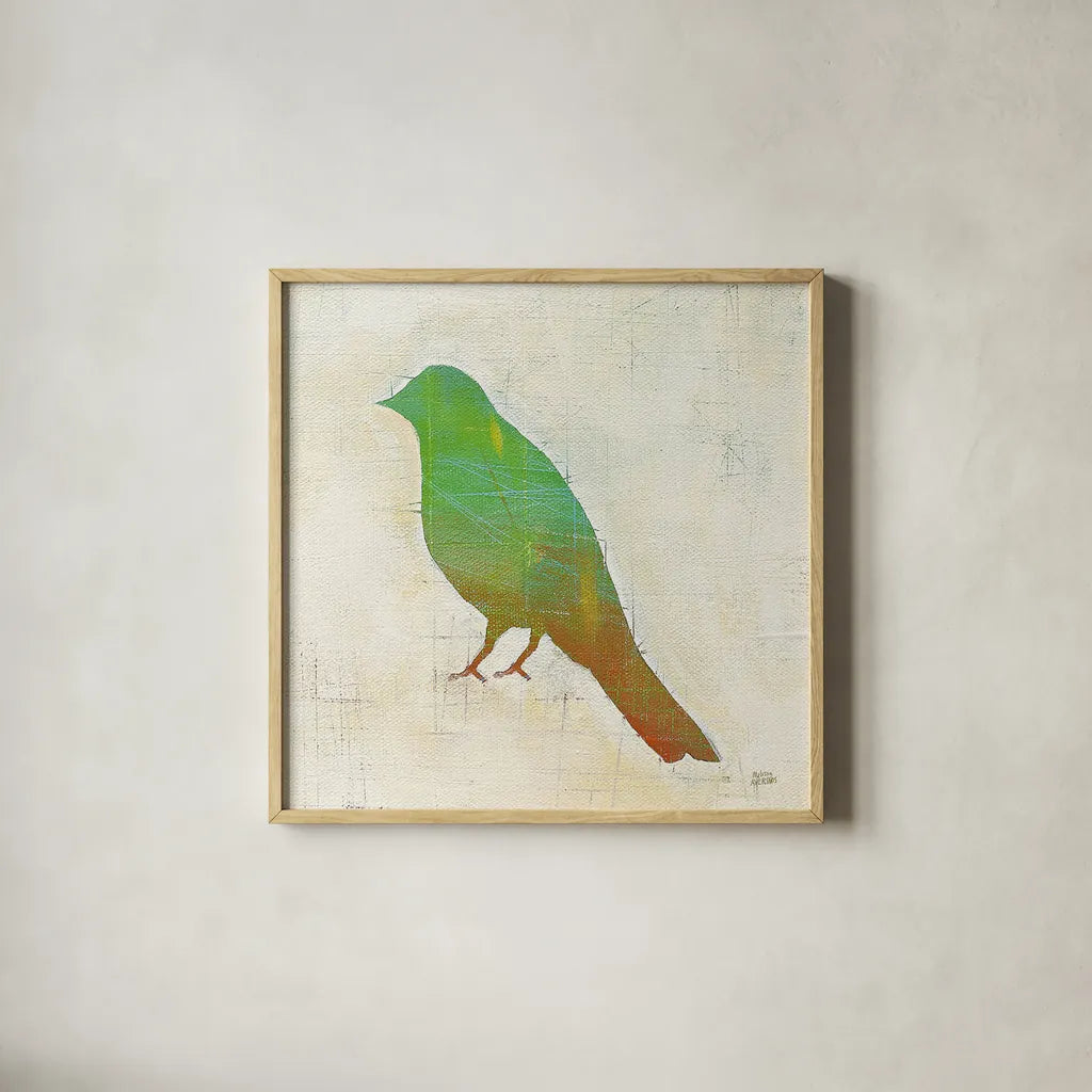 Flight Patterns Bird II by Melissa Averinos. Shown in a natural wood glass frame for a timeless modern aesthetic. Available as an archival giclee rolled canvas, fine art paper, or poster print. SKU 25941a.