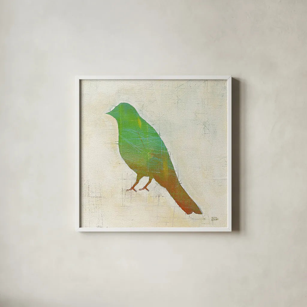 Flight Patterns Bird II by Melissa Averinos. Shown in a crisp white glass frame for a clean and minimalist style. Available as an archival giclee rolled canvas, fine art paper, or poster print. SKU 25941a.