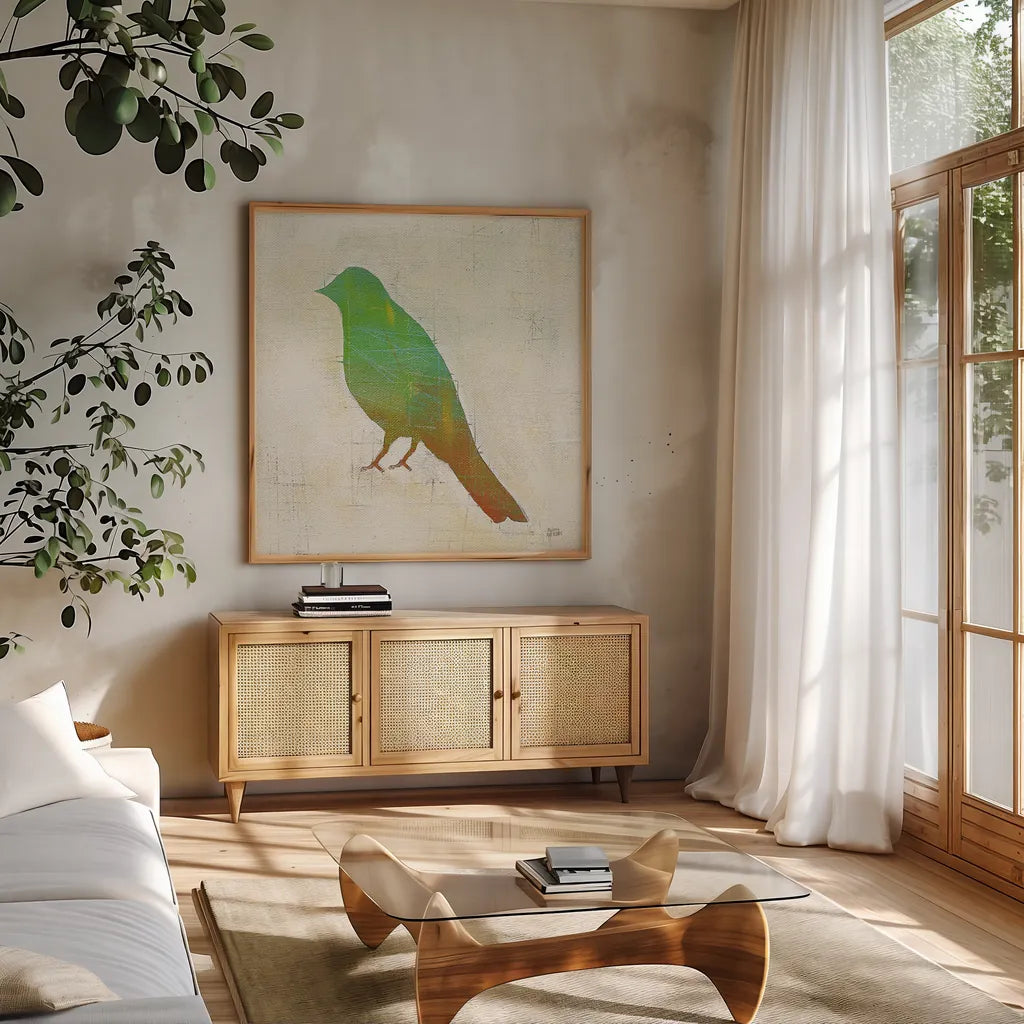 Flight Patterns Bird II by Melissa Averinos. Shown in a natural wood frame in a cozy modern living room. Available as an archival giclee rolled canvas, fine art paper, or poster print. SKU 25941a.