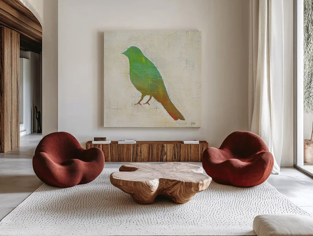 Flight Patterns Bird II by Melissa Averinos. Shown as extra-large giant wall art in a modern living room. Available as an archival giclee rolled canvas, fine art paper, or poster print. SKU 25941a.