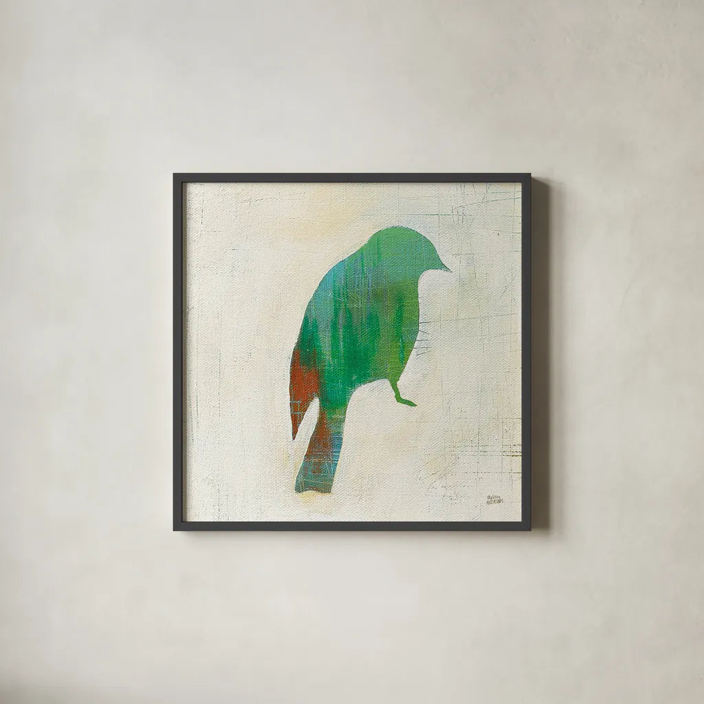 Flight Patterns Bird III by Melissa Averinos. Shown in a sleek black glass frame for a contemporary gallery look. Available as an archival giclee rolled canvas, fine art paper, or poster print. SKU 25942a.