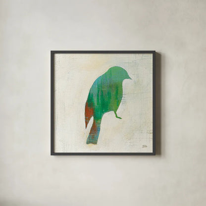 Flight Patterns Bird III by Melissa Averinos. Shown in a sleek black glass frame for a contemporary gallery look. Available as an archival giclee rolled canvas, fine art paper, or poster print. SKU 25942a.