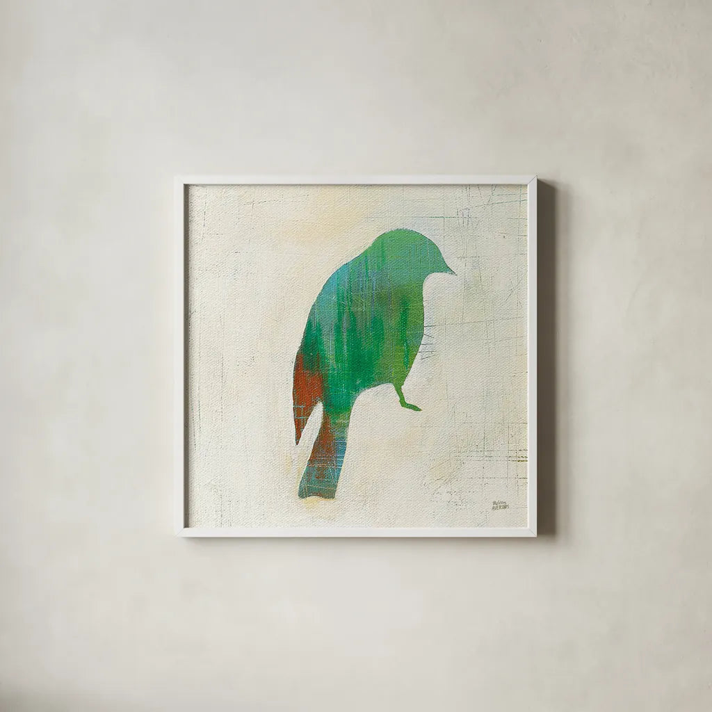 Flight Patterns Bird III by Melissa Averinos. Shown in a crisp white glass frame for a clean and minimalist style. Available as an archival giclee rolled canvas, fine art paper, or poster print. SKU 25942a.