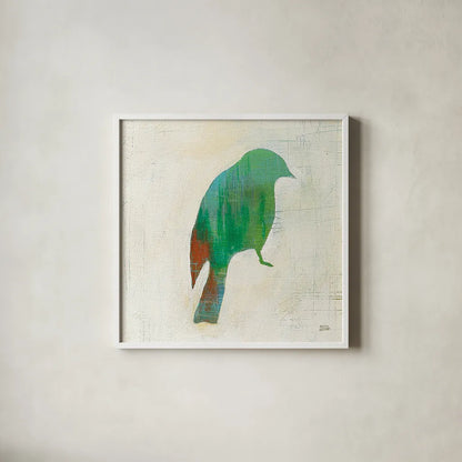 Flight Patterns Bird III by Melissa Averinos. Shown in a crisp white glass frame for a clean and minimalist style. Available as an archival giclee rolled canvas, fine art paper, or poster print. SKU 25942a.