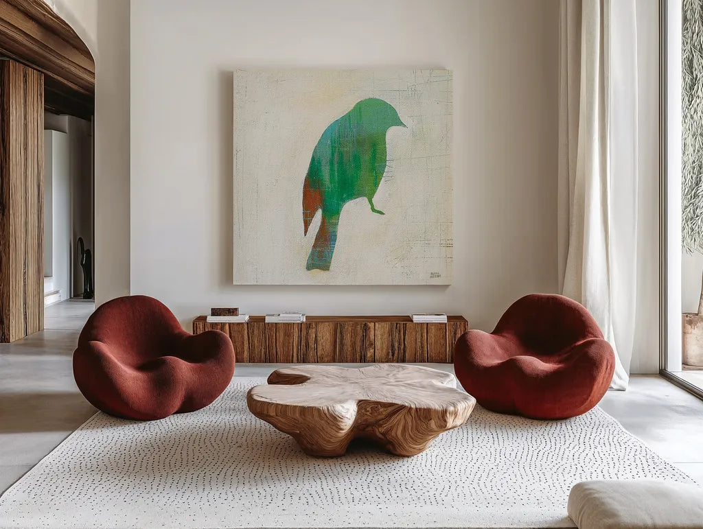 Flight Patterns Bird III by Melissa Averinos. Shown as extra-large giant wall art in a modern living room. Available as an archival giclee rolled canvas, fine art paper, or poster print. SKU 25942a.