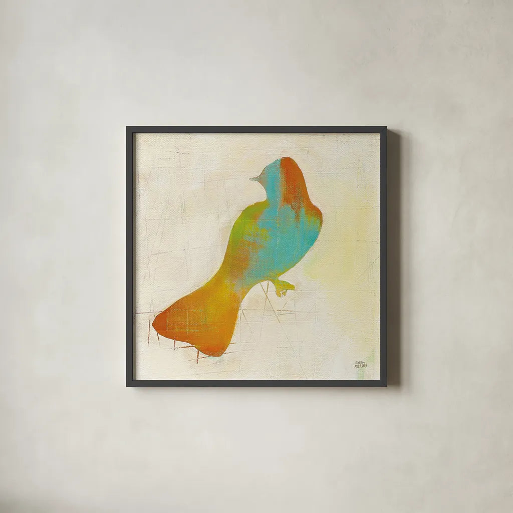 Flight Patterns Bird IV by Melissa Averinos. Shown in a sleek black glass frame for a contemporary gallery look. Available as an archival giclee rolled canvas, fine art paper, or poster print. SKU 25943a.