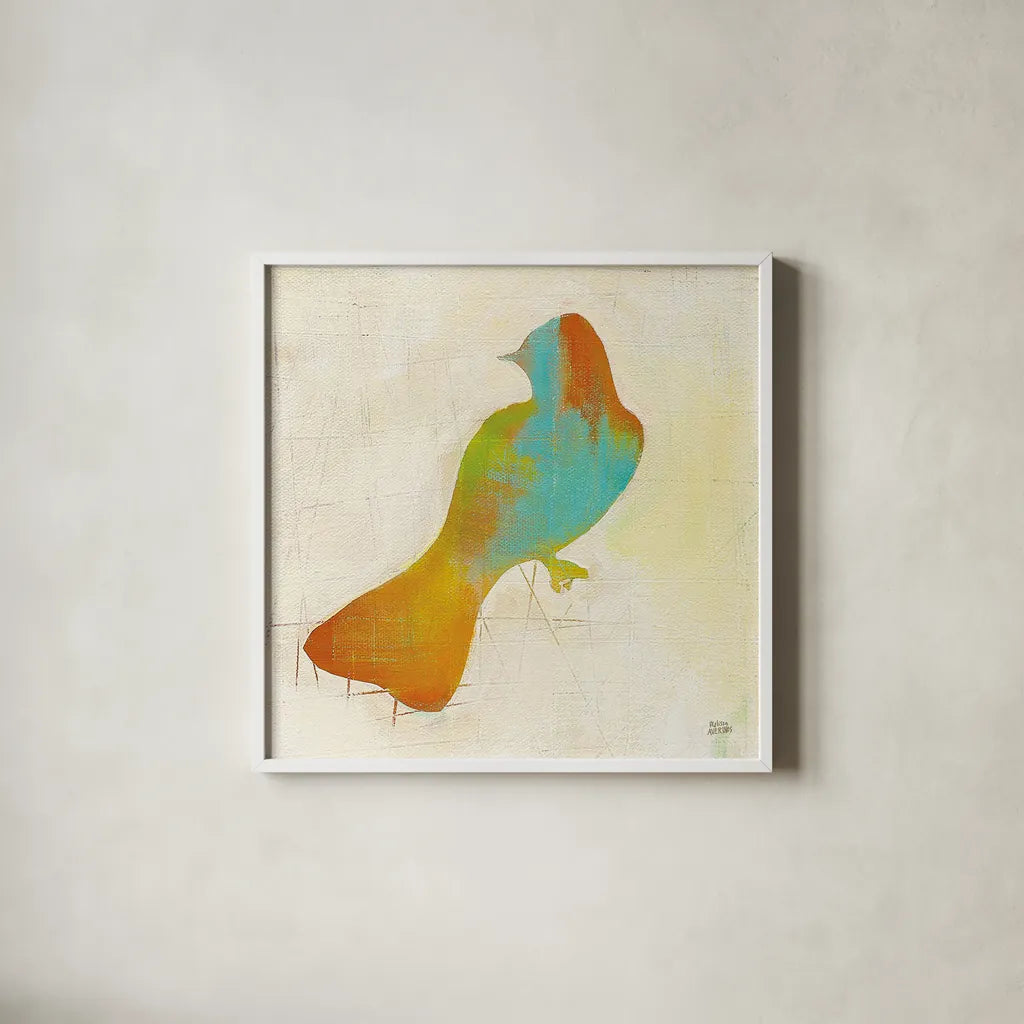 Flight Patterns Bird IV by Melissa Averinos. Shown in a crisp white glass frame for a clean and minimalist style. Available as an archival giclee rolled canvas, fine art paper, or poster print. SKU 25943a.