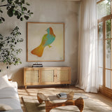 Flight Patterns Bird IV by Melissa Averinos. Shown in a natural wood frame in a cozy modern living room. Available as an archival giclee rolled canvas, fine art paper, or poster print. SKU 25943a.