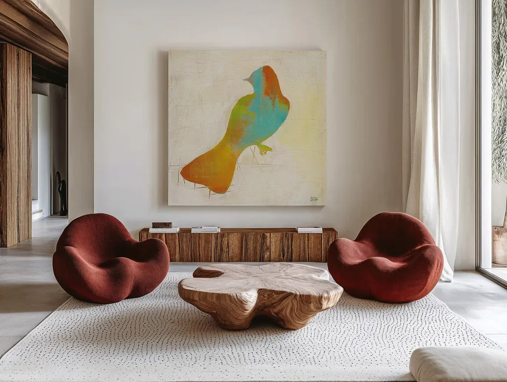 Flight Patterns Bird IV by Melissa Averinos. Shown as extra-large giant wall art in a modern living room. Available as an archival giclee rolled canvas, fine art paper, or poster print. SKU 25943a.