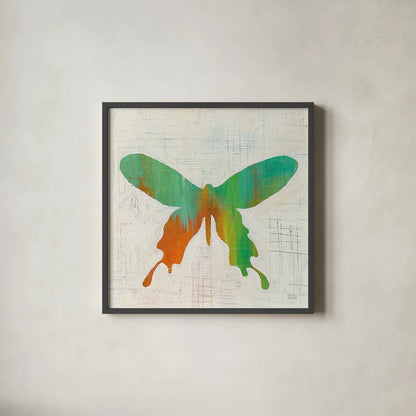 Flight Patterns Butterfly I by Melissa Averinos. Shown in a sleek black glass frame for a contemporary gallery look. Available as an archival giclee rolled canvas, fine art paper, or poster print. SKU 25936a.