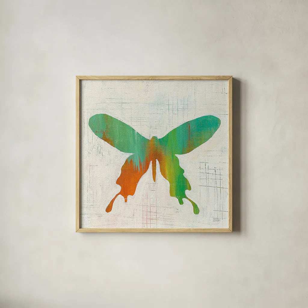 Flight Patterns Butterfly I by Melissa Averinos. Shown in a natural wood glass frame for a timeless modern aesthetic. Available as an archival giclee rolled canvas, fine art paper, or poster print. SKU 25936a.