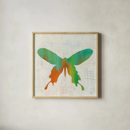Flight Patterns Butterfly I by Melissa Averinos. Shown in a natural wood glass frame for a timeless modern aesthetic. Available as an archival giclee rolled canvas, fine art paper, or poster print. SKU 25936a.