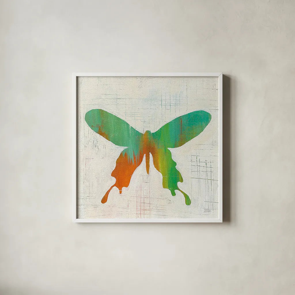 Flight Patterns Butterfly I by Melissa Averinos. Shown in a crisp white glass frame for a clean and minimalist style. Available as an archival giclee rolled canvas, fine art paper, or poster print. SKU 25936a.