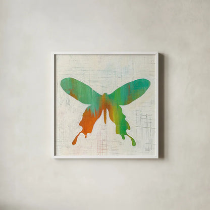 Flight Patterns Butterfly I by Melissa Averinos. Shown in a crisp white glass frame for a clean and minimalist style. Available as an archival giclee rolled canvas, fine art paper, or poster print. SKU 25936a.
