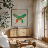 Flight Patterns Butterfly I by Melissa Averinos. Shown in a natural wood frame in a cozy modern living room. Available as an archival giclee rolled canvas, fine art paper, or poster print. SKU 25936a.