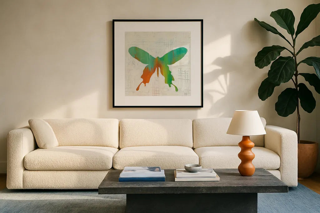 Flight Patterns Butterfly I by Melissa Averinos. Displayed in a glass frame with matte in a clean modern living room. Available as an archival giclee rolled canvas, fine art paper, or poster print. SKU 25936a.
