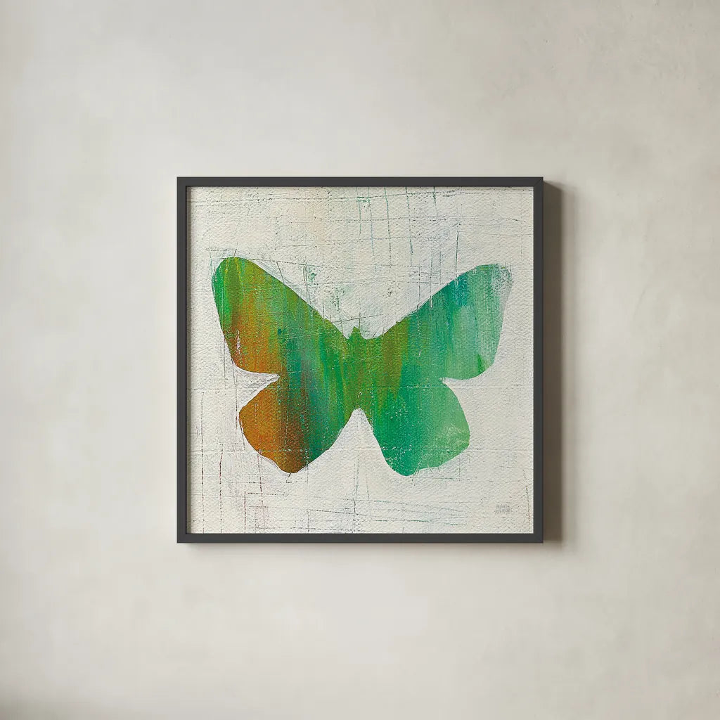 Flight Patterns Butterfly II by Melissa Averinos. Shown in a sleek black glass frame for a contemporary gallery look. Available as an archival giclee rolled canvas, fine art paper, or poster print. SKU 25937a.