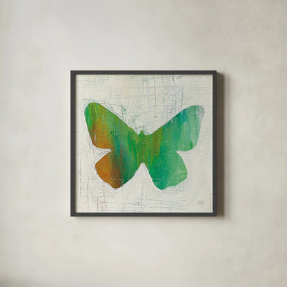 Flight Patterns Butterfly II by Melissa Averinos. Shown in a sleek black glass frame for a contemporary gallery look. Available as an archival giclee rolled canvas, fine art paper, or poster print. SKU 25937a.