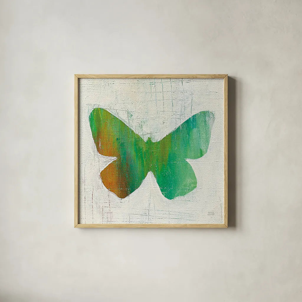 Flight Patterns Butterfly II by Melissa Averinos. Shown in a natural wood glass frame for a timeless modern aesthetic. Available as an archival giclee rolled canvas, fine art paper, or poster print. SKU 25937a.