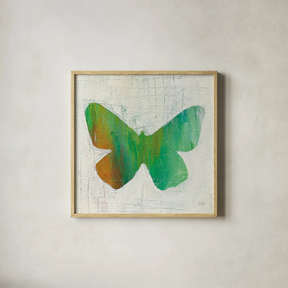 Flight Patterns Butterfly II by Melissa Averinos. Shown in a natural wood glass frame for a timeless modern aesthetic. Available as an archival giclee rolled canvas, fine art paper, or poster print. SKU 25937a.
