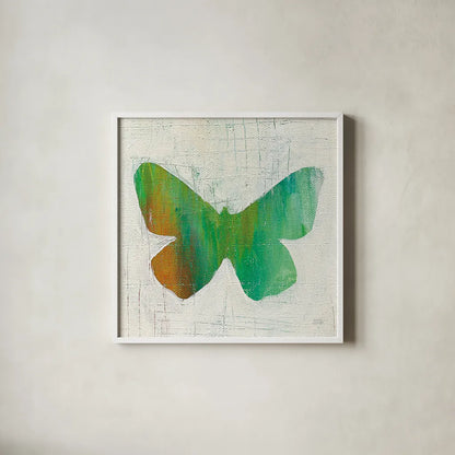 Flight Patterns Butterfly II by Melissa Averinos. Shown in a crisp white glass frame for a clean and minimalist style. Available as an archival giclee rolled canvas, fine art paper, or poster print. SKU 25937a.