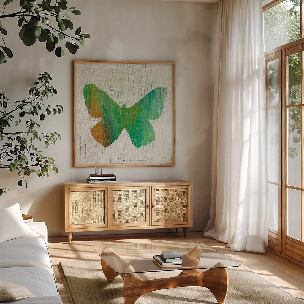 Flight Patterns Butterfly II by Melissa Averinos. Shown in a natural wood frame in a cozy modern living room. Available as an archival giclee rolled canvas, fine art paper, or poster print. SKU 25937a.