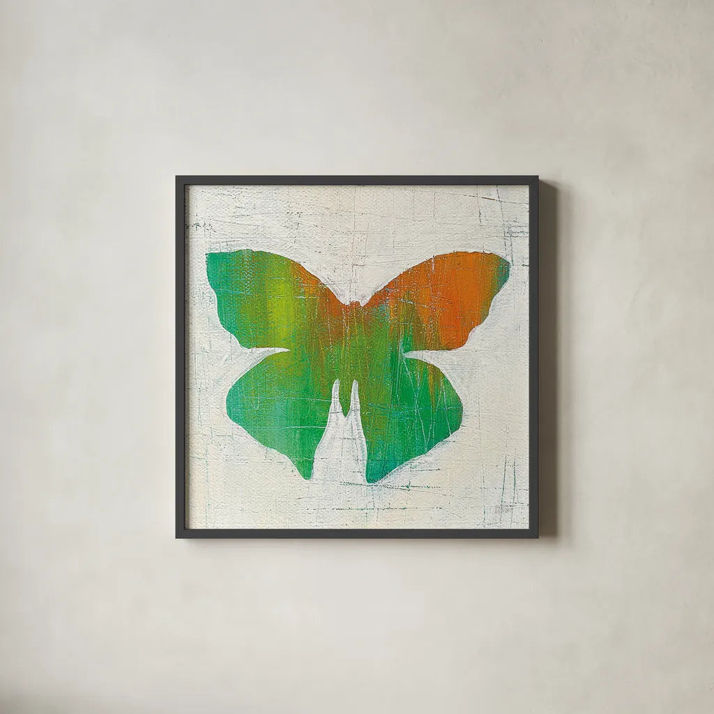 Flight Patterns Butterfly III by Melissa Averinos. Shown in a sleek black glass frame for a contemporary gallery look. Available as an archival giclee rolled canvas, fine art paper, or poster print. SKU 25938a.