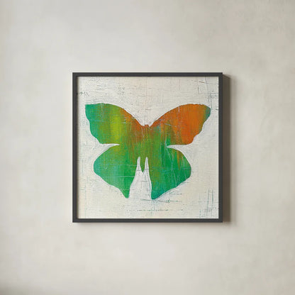 Flight Patterns Butterfly III by Melissa Averinos. Shown in a sleek black glass frame for a contemporary gallery look. Available as an archival giclee rolled canvas, fine art paper, or poster print. SKU 25938a.