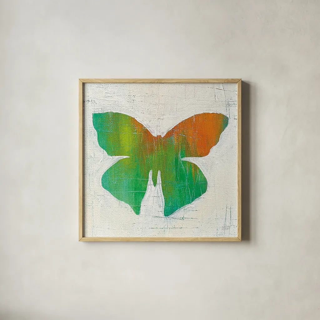 Flight Patterns Butterfly III by Melissa Averinos. Shown in a natural wood glass frame for a timeless modern aesthetic. Available as an archival giclee rolled canvas, fine art paper, or poster print. SKU 25938a.