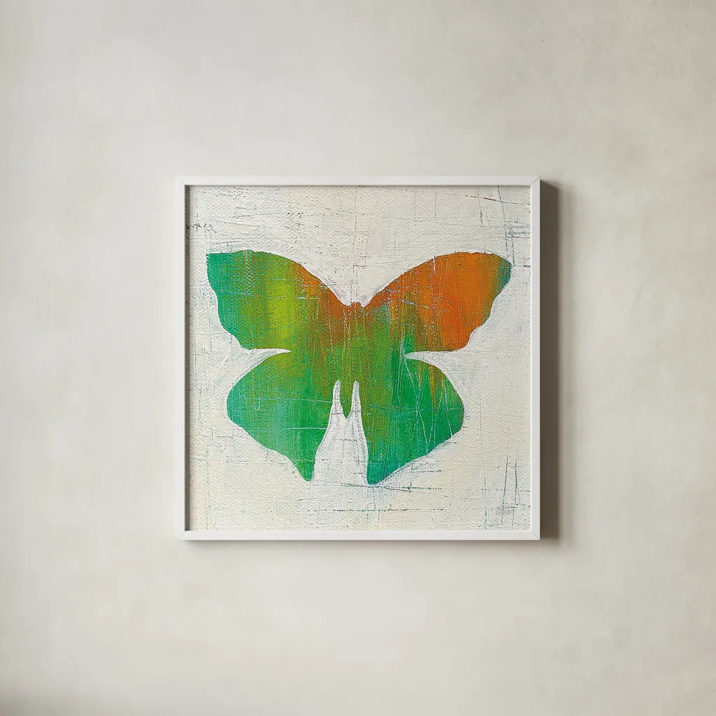 Flight Patterns Butterfly III by Melissa Averinos. Shown in a crisp white glass frame for a clean and minimalist style. Available as an archival giclee rolled canvas, fine art paper, or poster print. SKU 25938a.