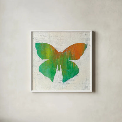 Flight Patterns Butterfly III by Melissa Averinos. Shown in a crisp white glass frame for a clean and minimalist style. Available as an archival giclee rolled canvas, fine art paper, or poster print. SKU 25938a.