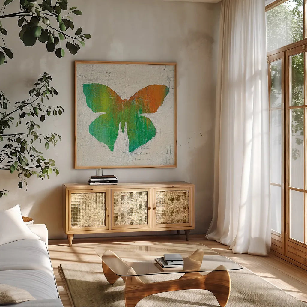 Flight Patterns Butterfly III by Melissa Averinos. Shown in a natural wood frame in a cozy modern living room. Available as an archival giclee rolled canvas, fine art paper, or poster print. SKU 25938a.