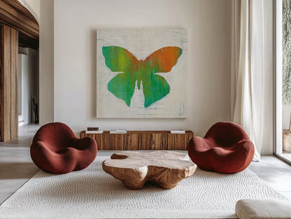 Flight Patterns Butterfly III by Melissa Averinos. Shown as extra-large giant wall art in a modern living room. Available as an archival giclee rolled canvas, fine art paper, or poster print. SKU 25938a.