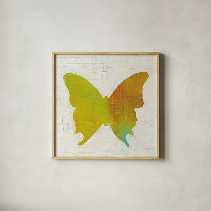 Flight Patterns Butterfly IV by Melissa Averinos. Shown in a natural wood glass frame for a timeless modern aesthetic. Available as an archival giclee rolled canvas, fine art paper, or poster print. SKU 25939a.