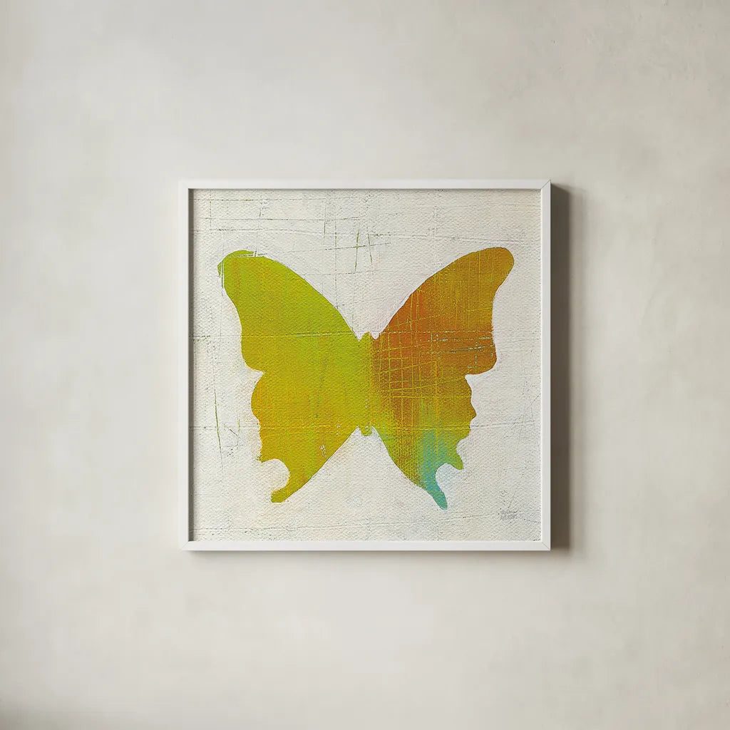 Flight Patterns Butterfly IV by Melissa Averinos. Shown in a crisp white glass frame for a clean and minimalist style. Available as an archival giclee rolled canvas, fine art paper, or poster print. SKU 25939a.
