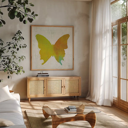 Flight Patterns Butterfly IV by Melissa Averinos. Shown in a natural wood frame in a cozy modern living room. Available as an archival giclee rolled canvas, fine art paper, or poster print. SKU 25939a.