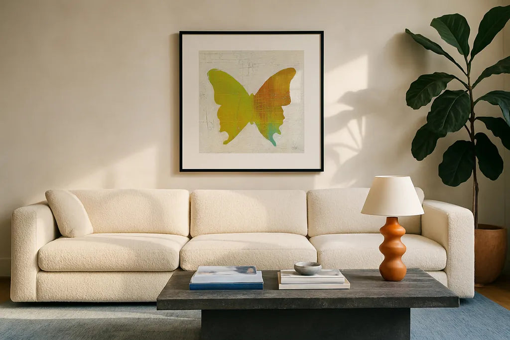 Flight Patterns Butterfly IV by Melissa Averinos. Displayed in a glass frame with matte in a clean modern living room. Available as an archival giclee rolled canvas, fine art paper, or poster print. SKU 25939a.