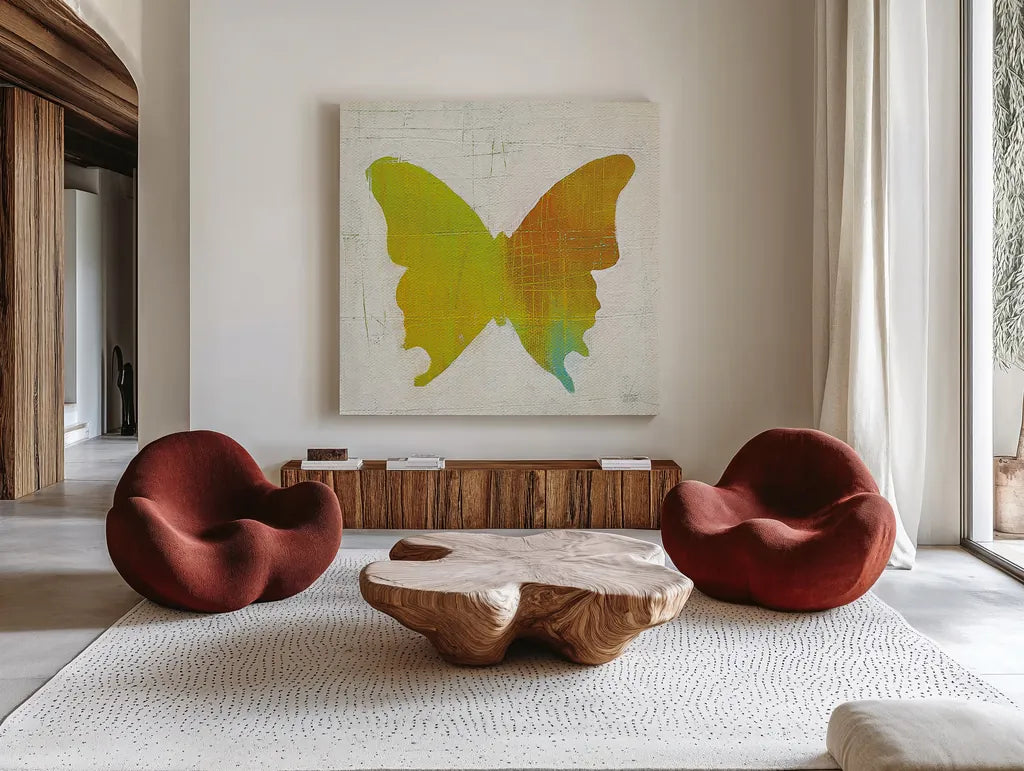 Flight Patterns Butterfly IV by Melissa Averinos. Shown as extra-large giant wall art in a modern living room. Available as an archival giclee rolled canvas, fine art paper, or poster print. SKU 25939a.