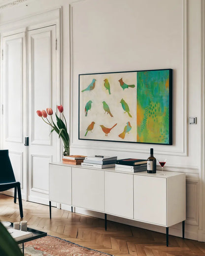 Flight Patterns I by Melissa Averinos. shown as a framed stretched canvas in a living room above a console. Available as a archival giclee rolled canvas, fine art paper, or poster print. SKU 25660i.