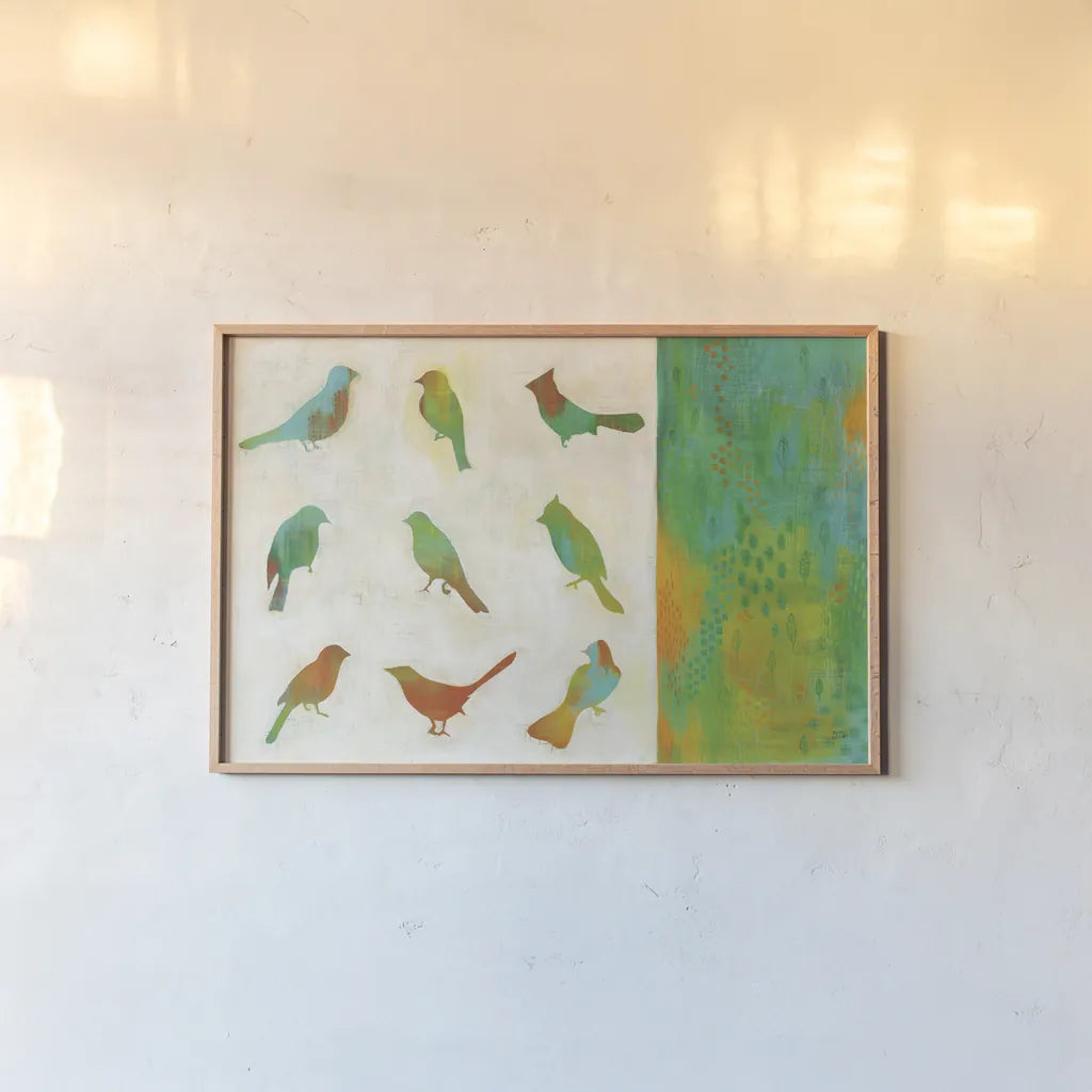 Flight Patterns I by Melissa Averinos. shown as a paper print in a natural frame. Available as a archival giclee rolled canvas, fine art paper, or poster print. SKU 25660i.