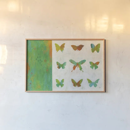 Flight Patterns II by Melissa Averinos. shown as a paper print in a natural frame. Available as a archival giclee rolled canvas, fine art paper, or poster print. SKU 25661i.